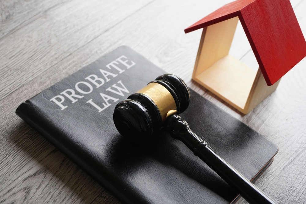 Toy house, gavel and text PROBATE LAW